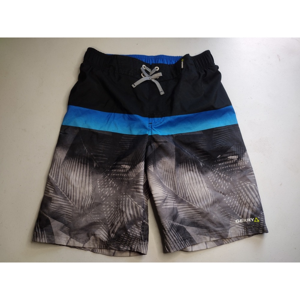 Gerry Boys Swim‎ Trunks Blue Black Tropical Palm Leaf Board Shorts Size L 14/16